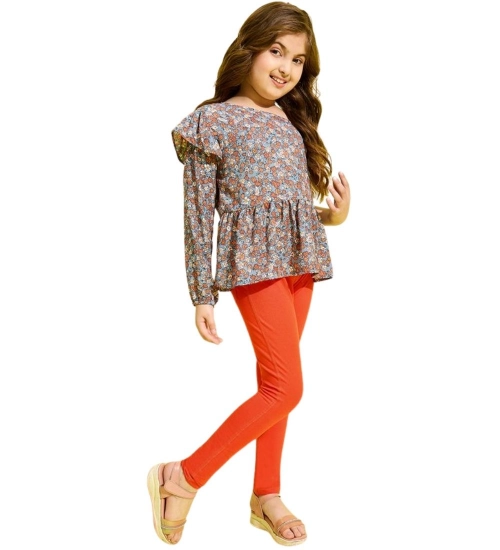 Girl's Polyester Floral One Shoulder Jeggings Set (Grey-Orange)