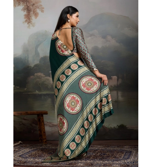 Women's Satin Crepe Printed Saree With Unstitched Blouse 5.5Mtr (Green)