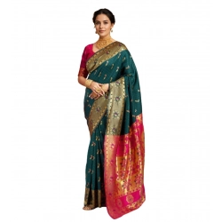 Women's Silk Blend Zari Weaving Saree With Unstitched Blouse 5.5Mtr (Dark-Green)