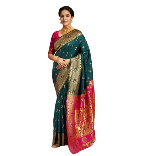 Women's Silk Blend Zari Weaving Saree With Unstitched Blouse 5.5Mtr (Dark-Green)