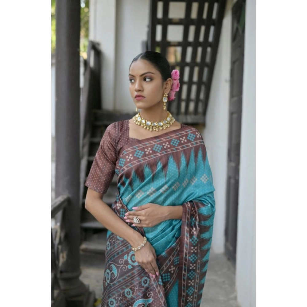 Women's Faux_Tussar Ikat Saree With Unstitched Blouse 5.5Mtr (Aqua_Blue) Women's Faux_Tussar Ikat Saree With Unstitched Blouse 5.5Mtr (Aqua_Blue)