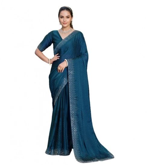Women's Rangoli Diamond Weaving - Stone Work Saree With Unstitched Blouse 5.5Mtr (Teal)