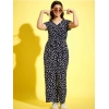 Girl's Polyester Moss Floral Short Sleeves Jumpsuit (Navy-white)