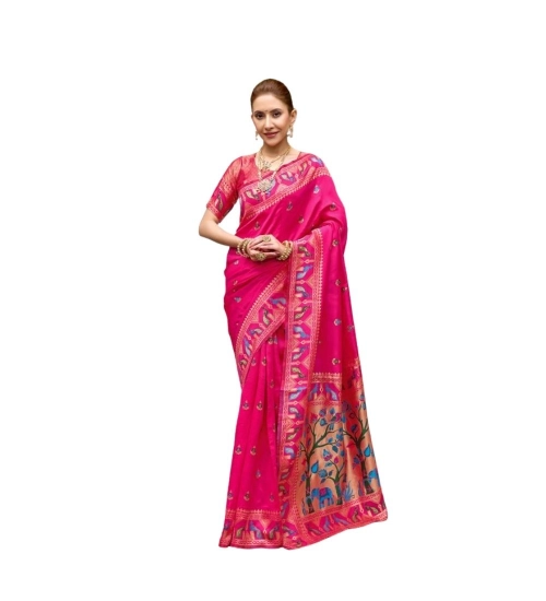 Women's Silk Blend Woven Saree With Unstitched Blouse 5.5 Mtr (Pink)