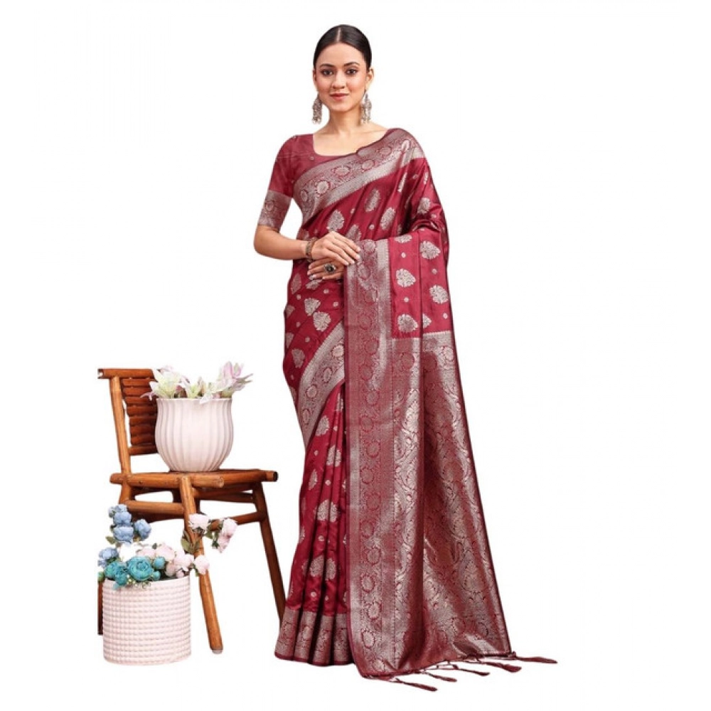Women's Banarasi Silk Printed Saree With Unstitched Blouse 5.5Mtr (Maroon) Women's Banarasi Silk Printed Saree With Unstitched Blouse 5.5Mtr (Maroon)