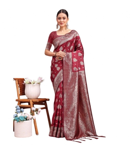 Women's Banarasi Silk Printed Saree With Unstitched Blouse 5.5Mtr (Maroon)