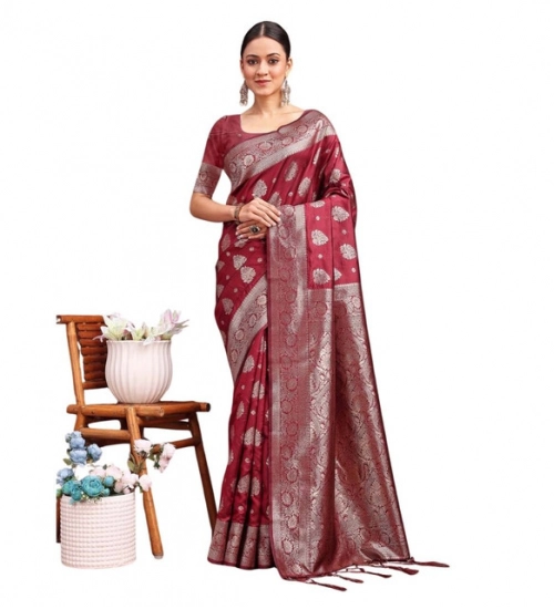 Women's Banarasi Silk Printed Saree With Unstitched Blouse 5.5Mtr (Maroon)