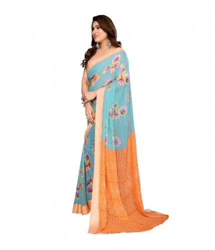 Women's Georgette Printed Saree With Unstitched Blouse 5.5Mtr (Light Blue)