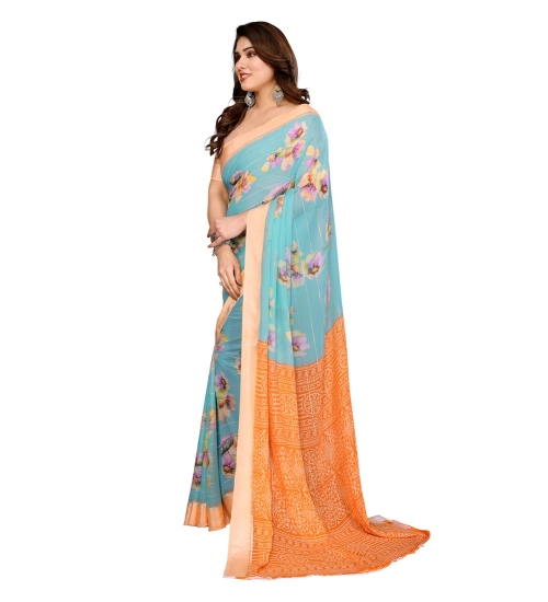 Women's Georgette Printed Saree With Unstitched Blouse 5.5Mtr (Light Blue)