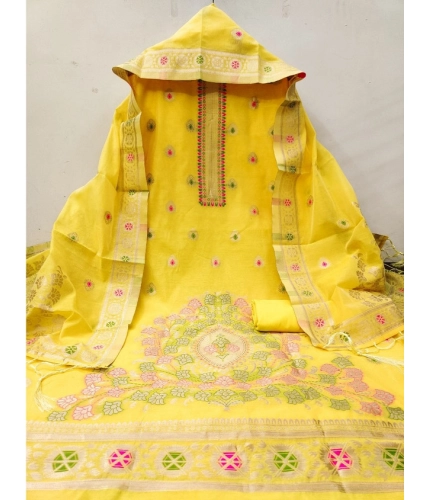 Women's Banarasi Silk Printed Unstitched Salwar Suit Material With Dupatta (Yellow, 3Mtrs)