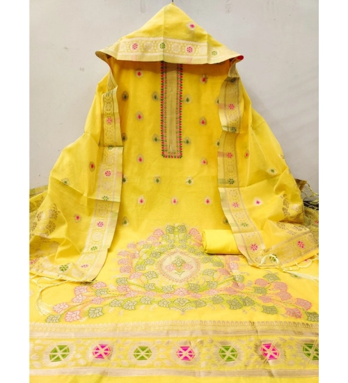 Women's Banarasi Silk Printed Unstitched Salwar Suit Material With Dupatta (Yellow, 3Mtrs)