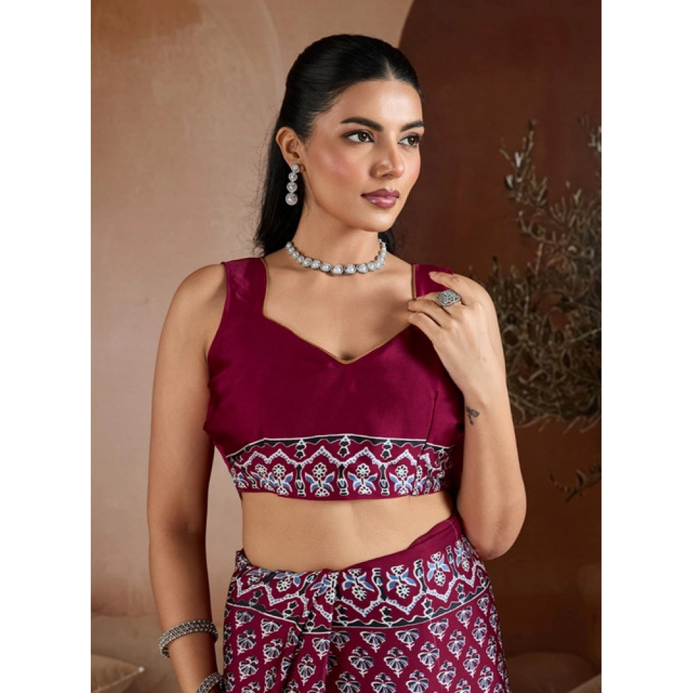 Women's Satin Crepe Printed Saree With Unstitched Blouse 5.5Mtr (Maroon)