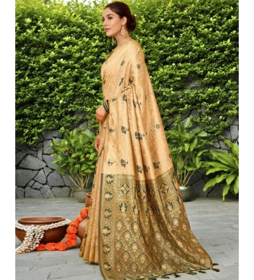 Women's Silk Blend Woven Paithani Saree With Unstitched Blouse 5.5Mtr (Cream)