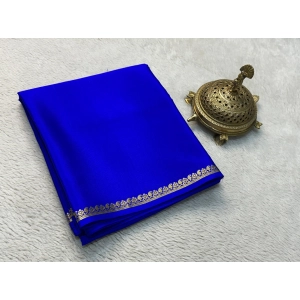 Generic Women's Crepe Chit Pallu Solid Saree With Unstitched Blouse 5.5Mtr (Blue)