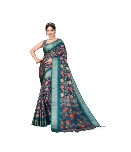 Women's Cotton Silk  Printed Saree With Unstitched Blouse 5.5Mtr (Blue)