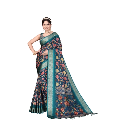 Women's Cotton Silk  Printed Saree With Unstitched Blouse 5.5Mtr (Blue)