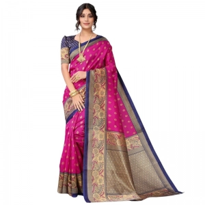 Generic Women's Litchi silk Printed Saree With Unstitched Blouse  5-6 Mtrs (Pink)