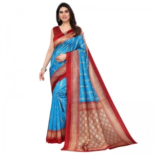 Generic Women's Litchi silk Printed Saree With Unstitched Blouse  5-6 Mtrs (Blue)