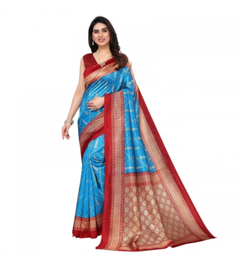 Women's Litchi silk Printed Saree With Unstitched Blouse  5-6 Mtrs (Blue)