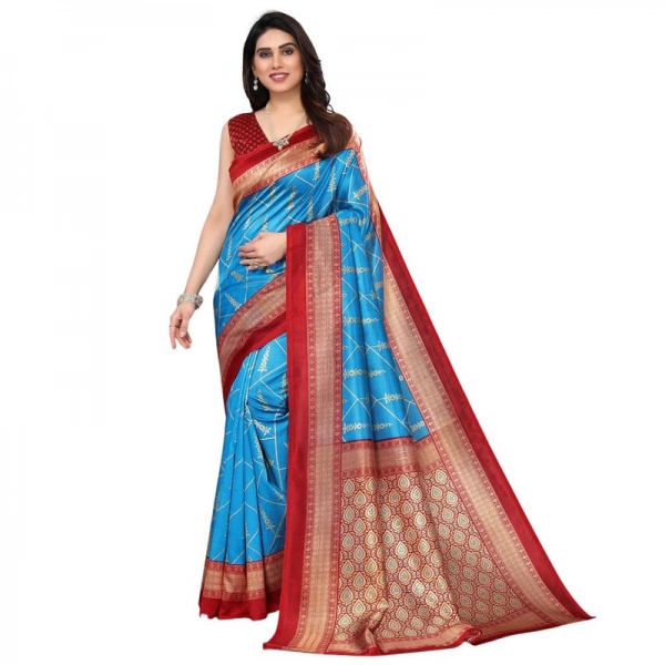 Dropship Women's Litchi silk Printed Saree With Unstitched Blouse  5-6 Mtrs (Blue)