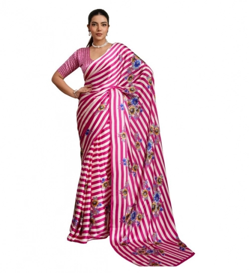 Women's Satin Crepe Printed Saree With Unstitched Blouse 5.5Mtr (Pink)