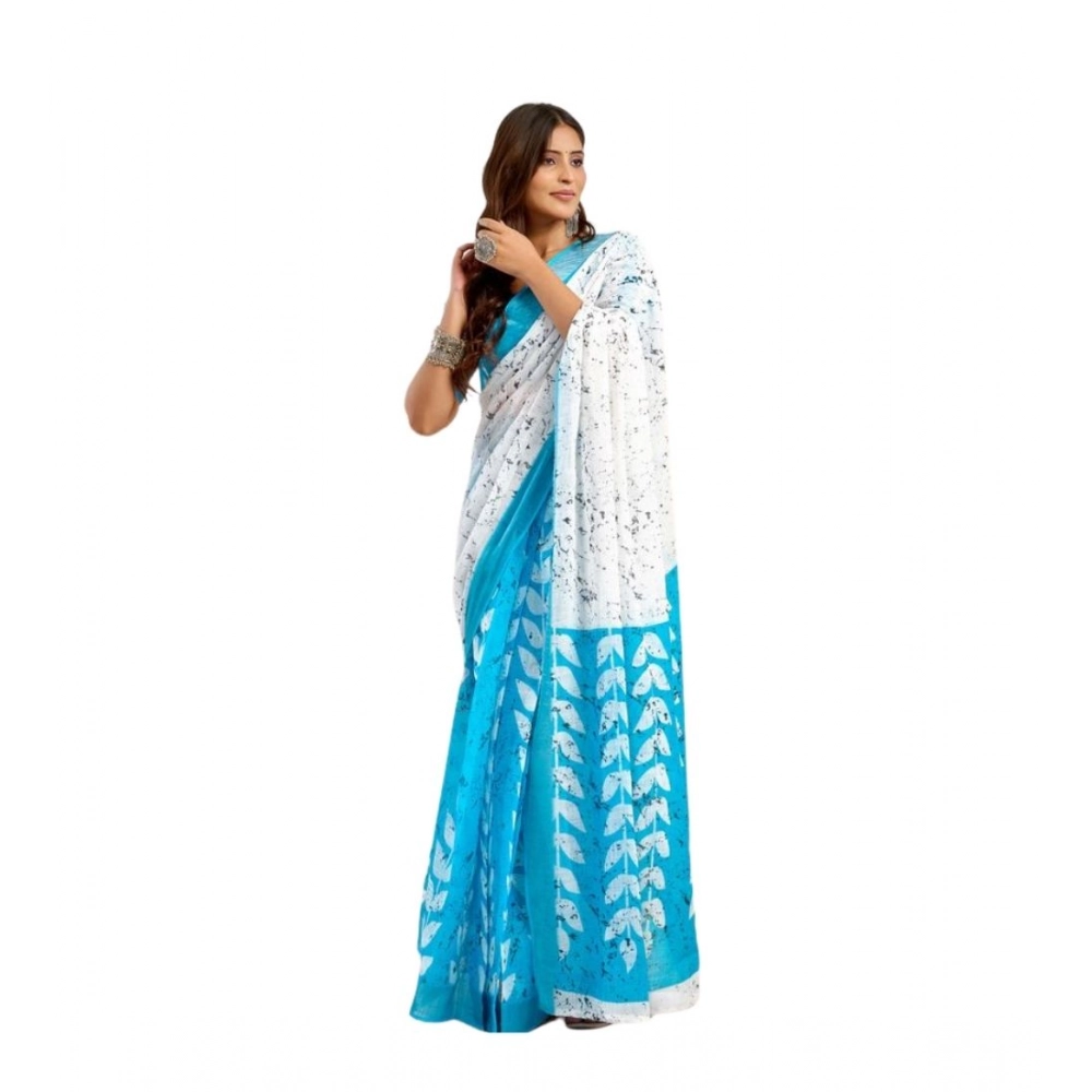 Women's Linen Cotton Printed Ready To Wear Saree With Unstitched Blouse 5.5 Mtr (Sky_Blue)