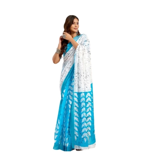 Women's Linen Cotton Printed Ready To Wear Saree With Unstitched Blouse 5.5 Mtr (Sky_Blue)