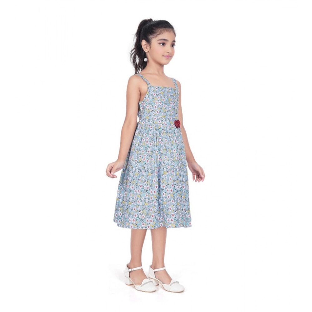 Girl's Cotton Printed Sleeve Less Squre Neck Dress (Multicolor)