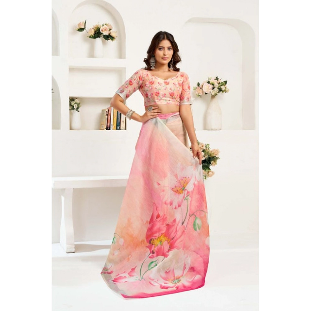 Women's Linen Cotton Printed Ready To Wear Saree With Unstitched Blouse 5.5 Mtr (Light_Peach)