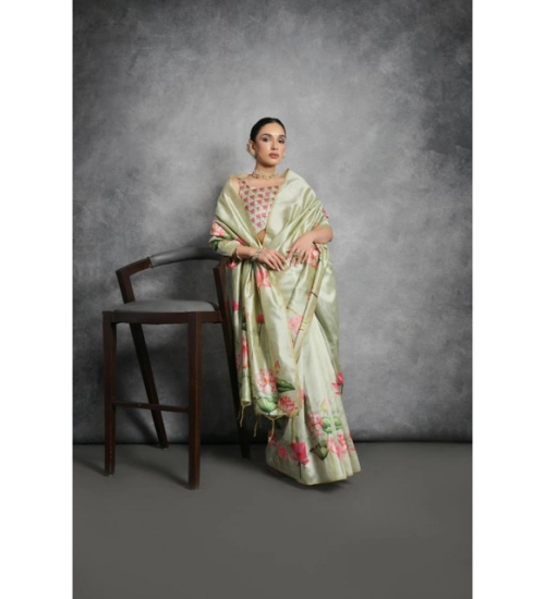 Women's Cotton Printed Saree With Unstitched Blouse 5.5 Mtr (Green)