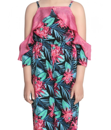 Girl's Polyester Floral Cold Shoulder Jumpsuit (Pink)