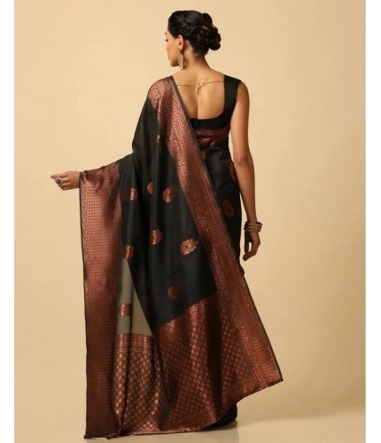 Women's Soft Lichi Silk Printed Saree With Unstitched Blouse 5.5Mtr (Black)