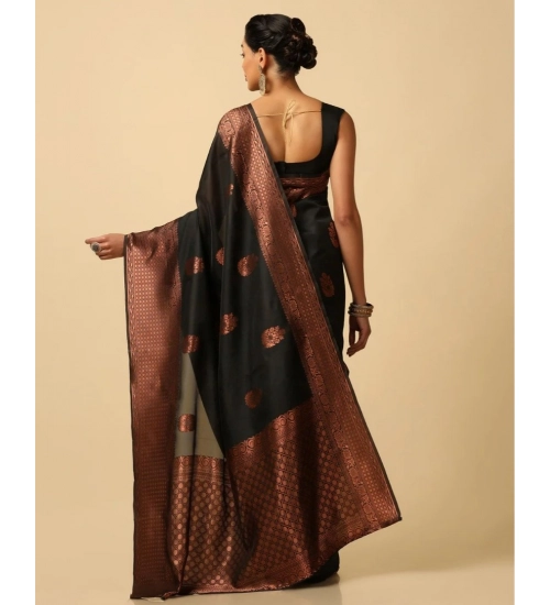 Women's Soft Lichi Silk Printed Saree With Unstitched Blouse 5.5Mtr (Black)