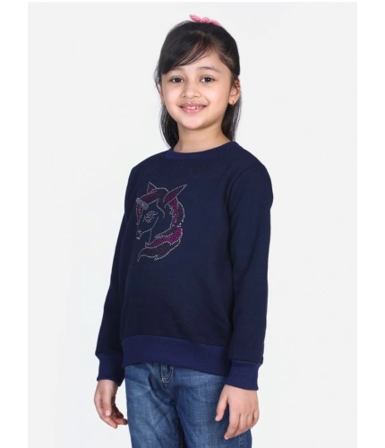 Girl's Fleece Embellished Long Sleeves Sweatshirt (Navy Blue)