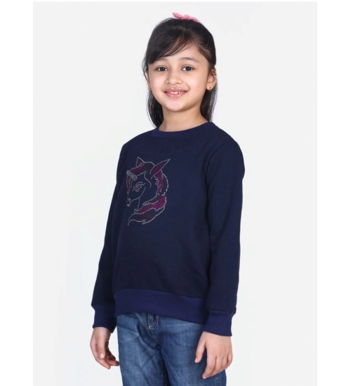 Girl's Fleece Embellished Long Sleeves Sweatshirt (Navy Blue)