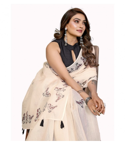 Women's Linen Cotton Printed Saree With Unstitched Blouse 5.5Mtr (Off White)