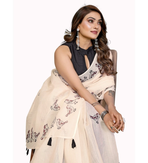 Women's Linen Cotton Printed Saree With Unstitched Blouse 5.5Mtr (Off White)