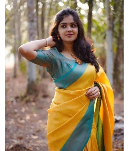 Women's Litchi silk Printed Saree With Unstitched Blouse (Yellow)