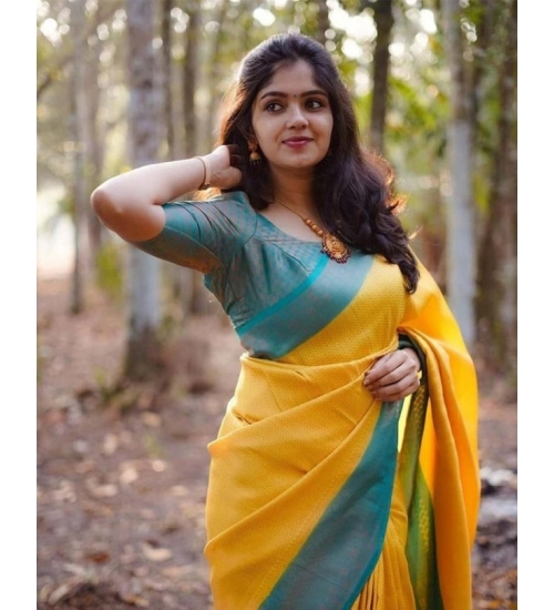 Women's Litchi silk Printed Saree With Unstitched Blouse (Yellow)