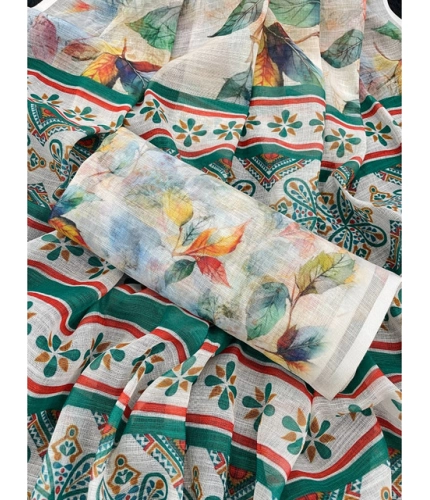 Women's Linen Cotton Printed Saree With Unstitched Blouse 5.5Mtr (Green) Women's Linen Cotton Printed Saree With Unstitched Blouse 5.5Mtr (Green)