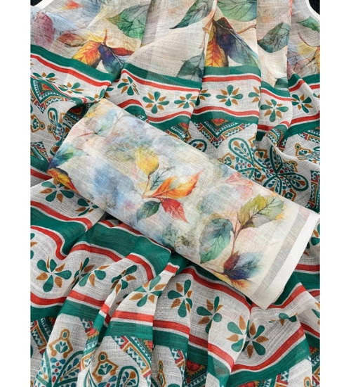 Women's Linen Cotton  Printed Saree With Unstitched Blouse 5.5Mtr (Green)