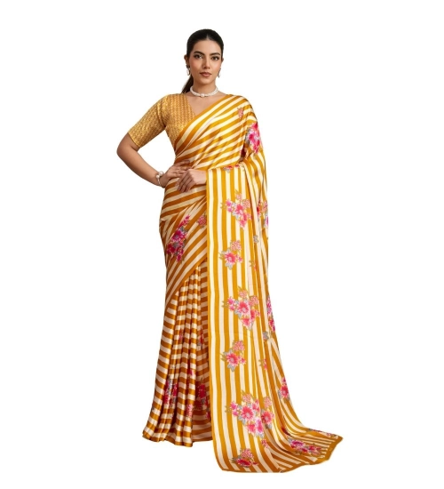 Women's Satin Crepe Printed Saree With Unstitched Blouse 5.5Mtr (Mustard)