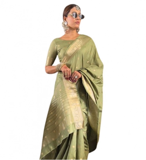 Women's Satin Printed Saree With Unstitched Blouse 5.5Mtr (Green)