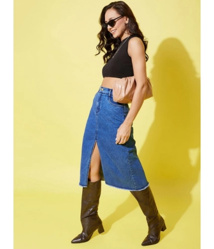 Women's Denim Solid Buttoned Skirt (Blue)