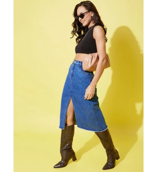 Women's Denim Solid Buttoned Skirt (Blue)