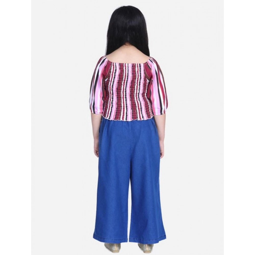 Girl's Rayon Solid Bell Sleeve Top with Culottes (Purple-Blue)