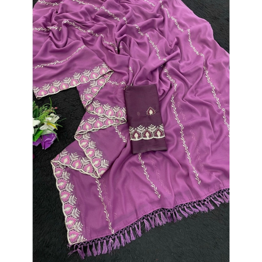 Women's Georgette Embroidered Saree With Unstitched Blouse 5.5Mtr (Purple)