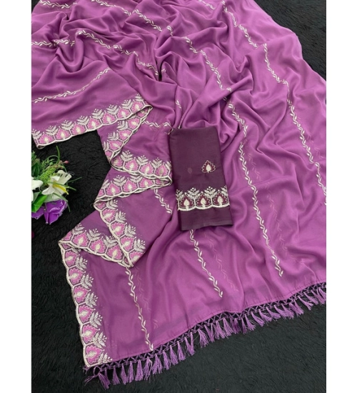Women's Georgette Embroidered Saree With Unstitched Blouse 5.5Mtr (Purple) Women's Georgette Embroidered Saree With Unstitched Blouse 5.5Mtr (Purple)