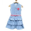 Girl's Denim Embellished Sleeveless Dress with Belt (Light Blue)