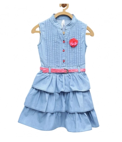Girl's Denim Embellished Sleeveless Dress with Belt (Light Blue)